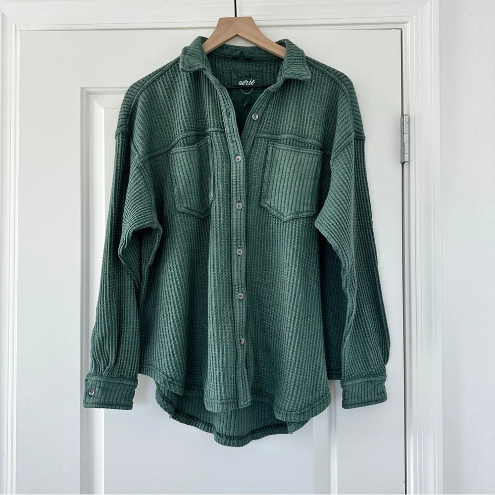 NWT Aerie Emerald Green Waffle Knit Lumber Jane Button-Up Shacket - Picture 1 of 4